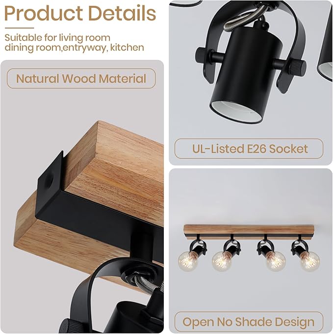 SEEBLE 4-Light Rectangular Flush Mount Ceiling Light, Linear Wood Track Lighting with Adjustable Spotlights, Farmhouse Kitchen Ceiling Light for Dining Room Hallway Bathroom