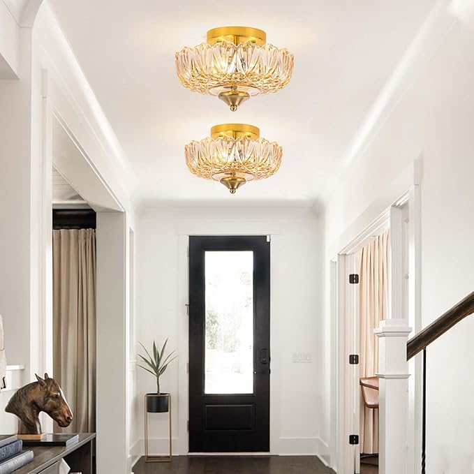 Semi Flush Mount Ceiling Light,Vintage Ceiling Light 9.44 Inch E26 Small Amber Glass Ceiling Lighting for Living Room Kitchen Bedroom Hallway 3 Light(Bulb Not Included)