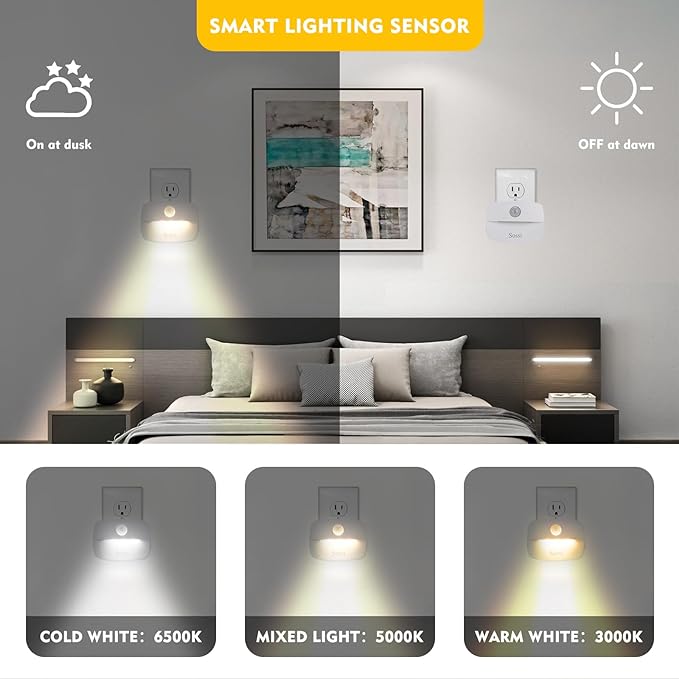 Sossi Motion Sensor Night Light Plug in 4 Pack,10-60Lm Stepless Dimming,3 Light Modes with Memory, Smart Night Lights Plug Into Wall Sensor,Dusk to Dawn Sensor for Bedroom,Toilet,Hallway,Kitchen