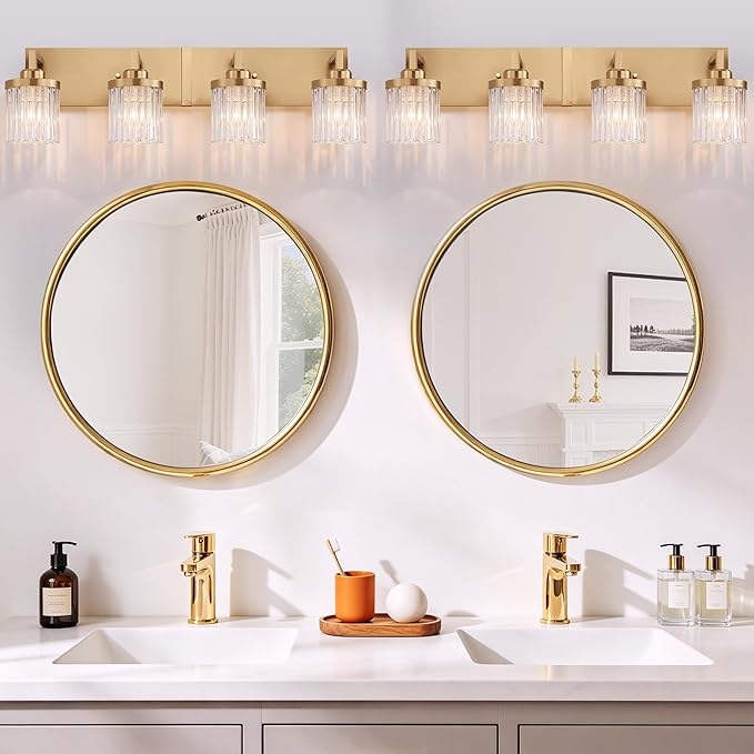 Modern Crystal Bathroom Light Fixtures, 4 Light Gold Vanity Lights, with Crystal Glass Shade, Industrial Bathroom Lighting Fixtures Over Mirror Wall Light for Bedroom Living Room