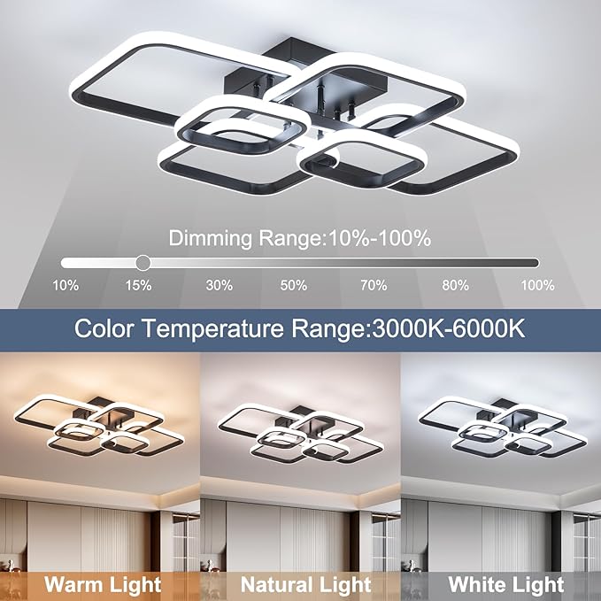 31.5" Modern LED Ceiling Light 6-Square Dimmable Ceiling Light Fixtures with Remote 3000K-6000K Black Close to Ceilings Lamp 60W for Living Room, Bedroom