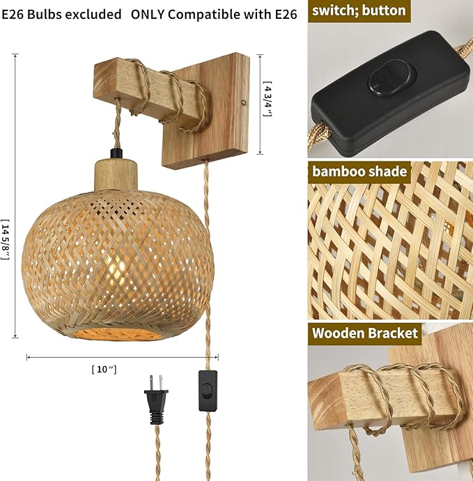 Boho Plug in Wall Sconces Set of Two,Vintage sconces wall Lighting for Bedroom Living Room Farmhouse Bamboo Shade- White
