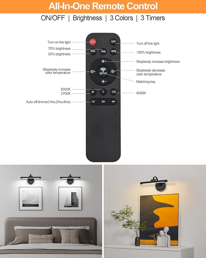 Tassuowell Rechargeable Picture Light for Wall, Cordless Art Lights Battery Operated, Dimmable Wall Light with Remote & Timer, 3 Color Modes for Paintings, Gallery, Artwork(Black, 12inch)