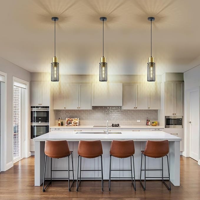 Modern Pendant Light Fixtures, Gold Cylinder Pendant Lapms with Iron Mesh, Adjustable Metal Ceiling Hanging Light Fixture for Kitchen Island Dining Room Entryway Bar 1-Light