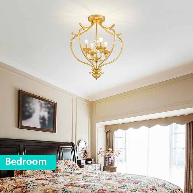 Modern 4-Light Vintage Antique Candle Ceiling Light, Light Fixture for Dining Room, Living Room, Bedroom, Gold Frame, Farmhouse Style, Maria Theresa Design, E12 Socket, D18*H20 inch