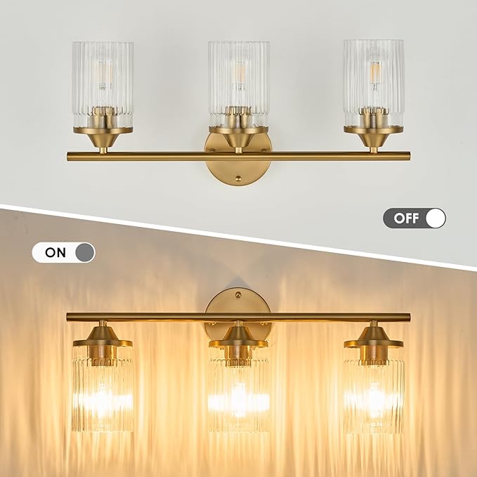 Jonsi Gold Bathroom Light Fixtures 3-Light Vanity Lights Modern Wall Sconce with Clear Glass Shade Brushed Brass Bathroom Light Fixture Over Mirror for Bedroom Hallway Kitchen