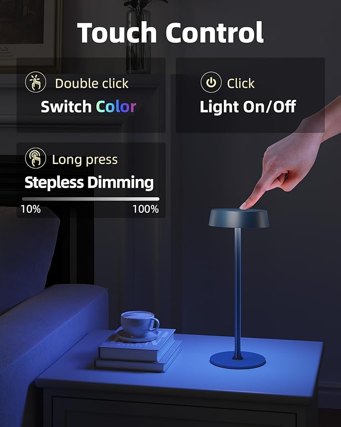 Cordless Lamp, Rechargeable Table Lamp, Battery Operated, RGB Dimmable Touch Control, 3 Color Temperatures, LED Memory Function, Portable Outdoor Waterproof, Restaurant Dining Patio Kitchen, Blue 1Pc