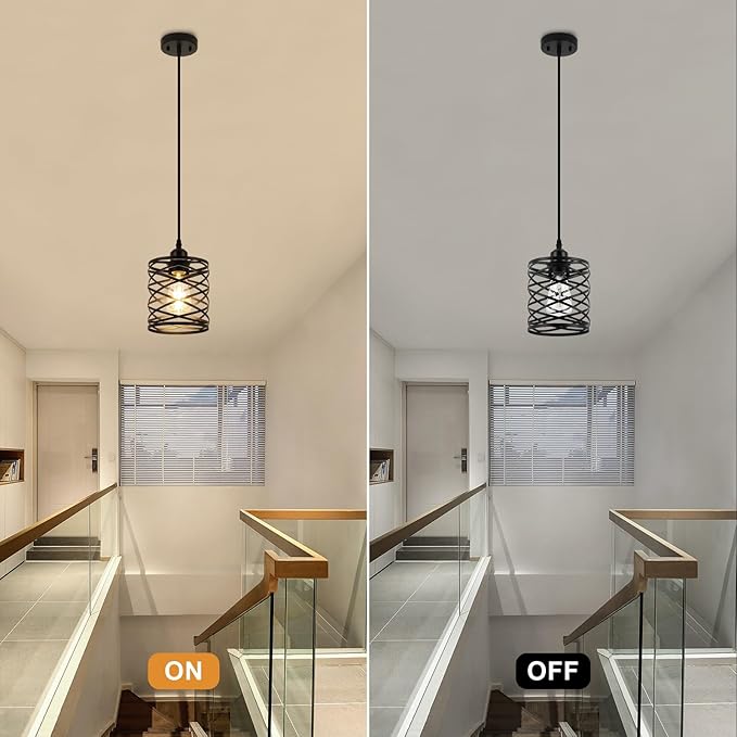 WILON Farmhouse Pendant Lights for Kitchen Island,5.9'' Spiral Cage Pendant Lights,Adjustable Black Industrial Pendant Light Fixtures Retro Lighting for Kitchen Island, Living Room, Bedroom (1-Light)