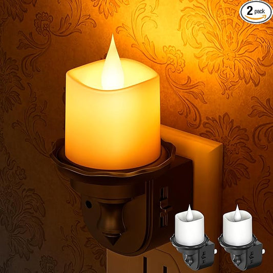 Briignite Candle Night Light, Amber Night Lights Plug into Wall 2 Pack, LED Flicker Candle Night Light with Light Sensor, 0-100LM Dimmable Nightlight for Kids Hallway Bathroom