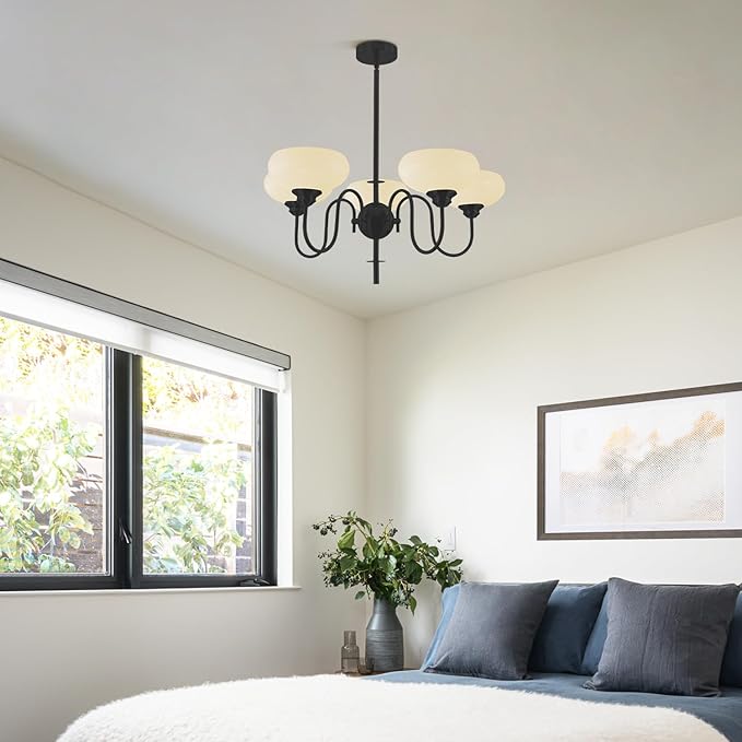 BOKT Black Chandelier for Bedroom, Modern Milk White Bowl Chandelier for Living Room, Adjustable 5 Light Farmhouse Chandeliers with Extension Rods