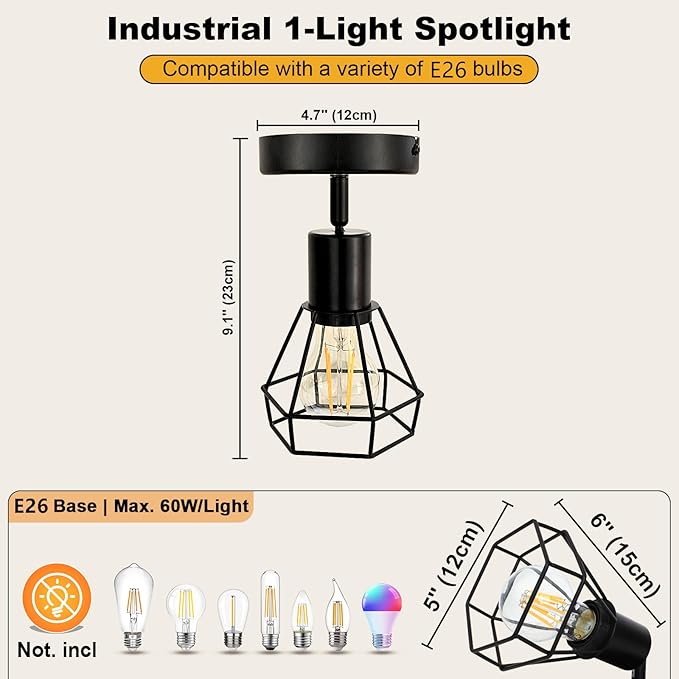HiBay LED Track Lighting Fixture, 1-Light Adjustable Spot Light Ceiling Wall Mount, Black Geometric Metal Cage Industrial Spotlight Indoor for Kitchen, Dining, Bedroom, E26 Base (Bulb Not Included)