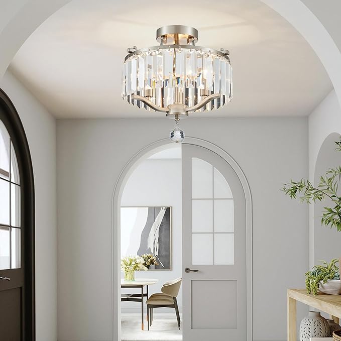 12.2'' Modern Brushed Nickel Crystal Ceiling Light Fixture Farmhouse 3-Light Semi Flush Mount Drum Chandelier for Dining Room, Bedroom, Kitchen, Hallway, Entryway, Foyer, E12 - MJ055BN