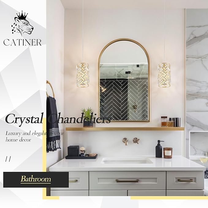 CATINER 1-Light Gold Crystal Pendant Light, Mini Ceiling Hanging Light Fixture with K9 Prisms for Kitchen Island, Bathroom, Bedroom, or Bar
