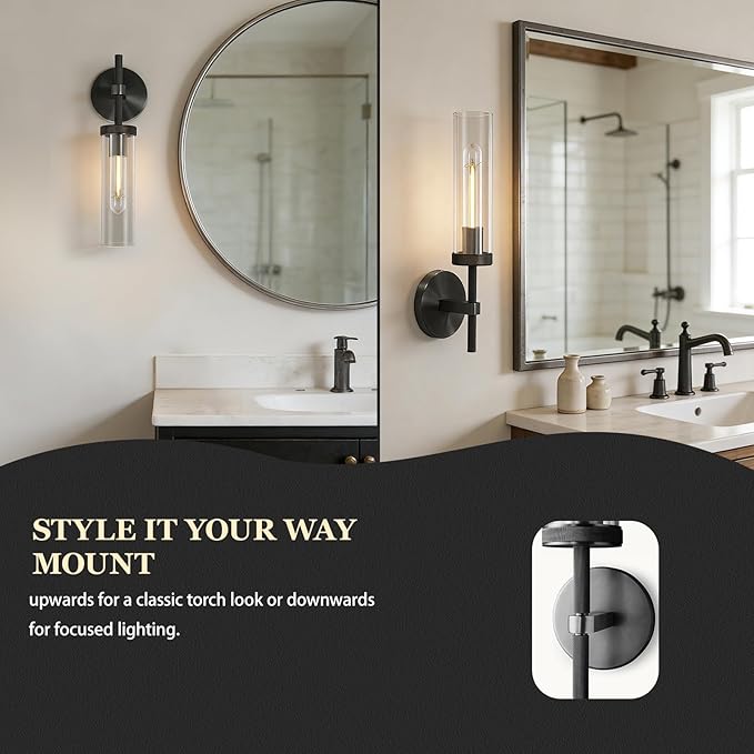 Knurled Wall Sconces, Black Wall Sconce Lights, 14" Black Bathroom Wall Sconces, Glass Linear Sconce Wall Lighting, Vanity Lights Bathroom Light Fixture Wall Lights for Living Room