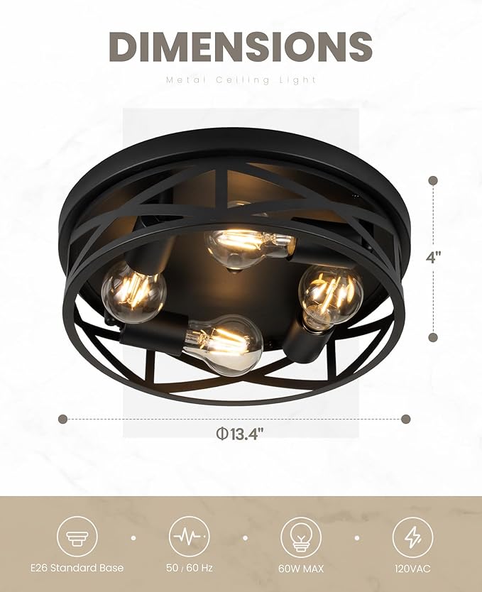 Black Flush Mount Ceiling Light Fixtures,4-Light Black Hallway Light Fixture Ceiling Mount for Farmhouse,Kitchen, Bedroom 1 Pack
