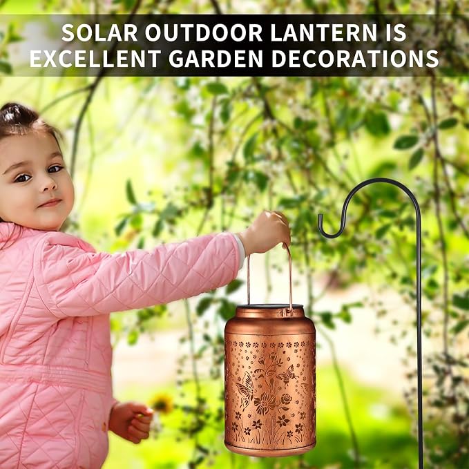 2 Pack Solar Lanterns Outdoor Waterproof, Butterflies Garden Decor Gifts for Women Mom Grandma Hanging Solar Lights Metal Decoration Outside for Yard, Patio