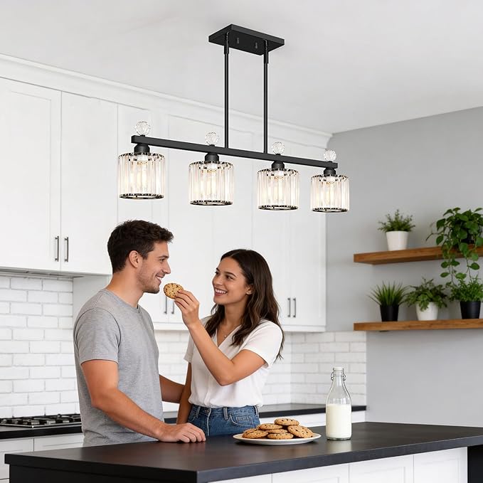 Lxybcce 32" Crystal Island Light for Kitchen Over Table, 4-Light Black Linear Pendant Light for Dining Room, Modern Ceiling Hanging Chandelier with Adjustable Height & Clear Crystal Shades, E26 Base