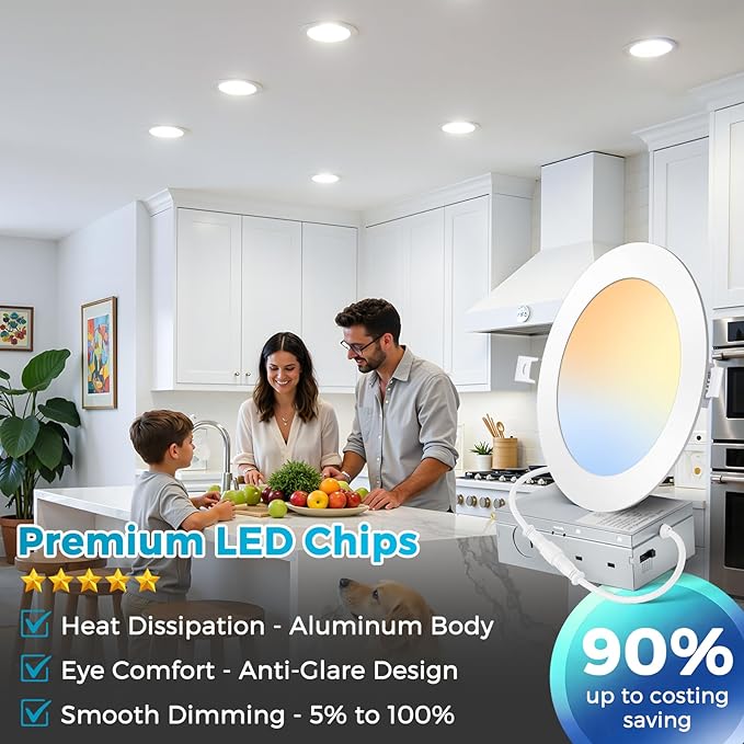 MAXvolador 6 Inch Ultra-Thin LED Recessed Ceiling Light with Junction Box 1200LM High Brightness 6-Pack, 5CCT 3000K/3500K/4000K/5000K/6500K Selectable, Dimmable Canless Wafer Downlight 12W 110W Eqv