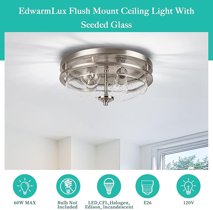 Edwarmlux Flush Mount Ceiling Lights, 2-Light Farmhouse Close to Ceiling Light, Industrial Ceiling Lighting Fixture for Kitchen Hallway Bedroom Living Room Stairways Porch (Brushed Nickel)