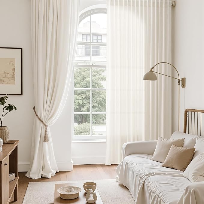 Nanspring Modern Linen Curtains 63 Inch Length for Living Room Light Filtering Semi Sheer Curtain Back Tab Neutral Luxury Modern Farmhouse Decor Linen Blend Drapes for Bedroom 52x63, 2 Panels
