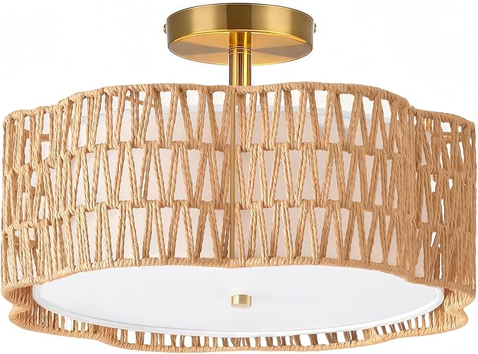 13.4"Rattan Flush Mount Ceiling Light Fixtures,Boho Rattan Chandelier with Drum Fabric Shade,3-Light Wicker Light Fixtures for Bedroom,Nursery Light Fixtures,Mini Chandelier Lighting for Dining Room