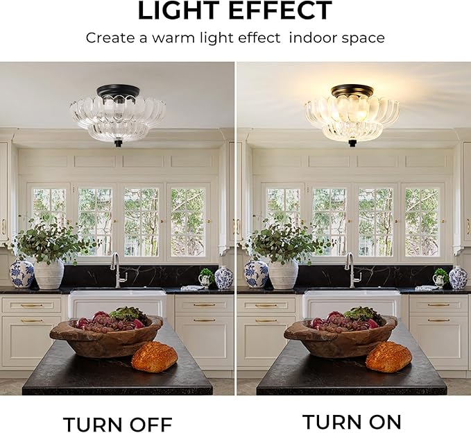 Semi Flush Mount Ceiling Light Fixture Vinatge Black Ceiling Lights Mid Century Modern Clear Glass Close to Ceiling Lighting Fixtures for Bedroom Hallway Foyer Bathroom Kitchen Laundry Room Nursery