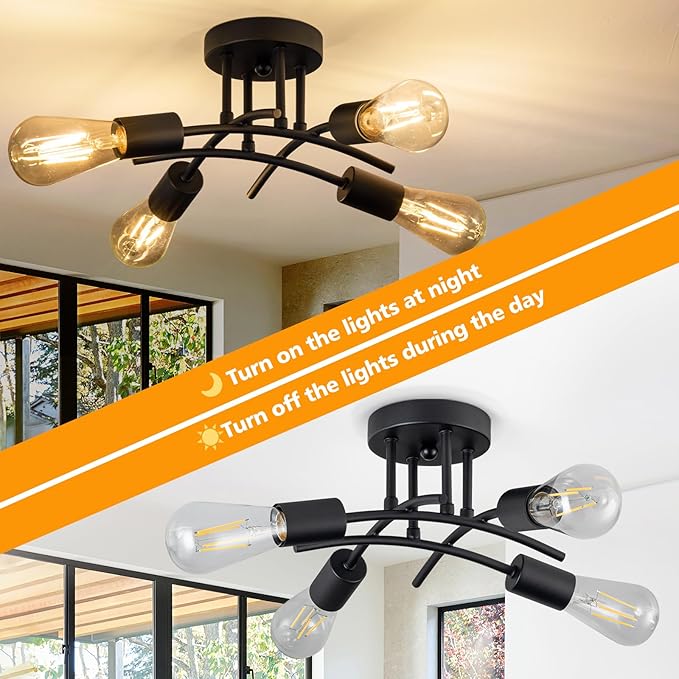 Industrial 4-Light Semi Flush Mount Ceiling Light Fixture, Modern Black Close to Ceiling Light, E26 Base Chandelier Lighting, Farmhouse Pendant Lamp for Hallway Kitchen Bedroom