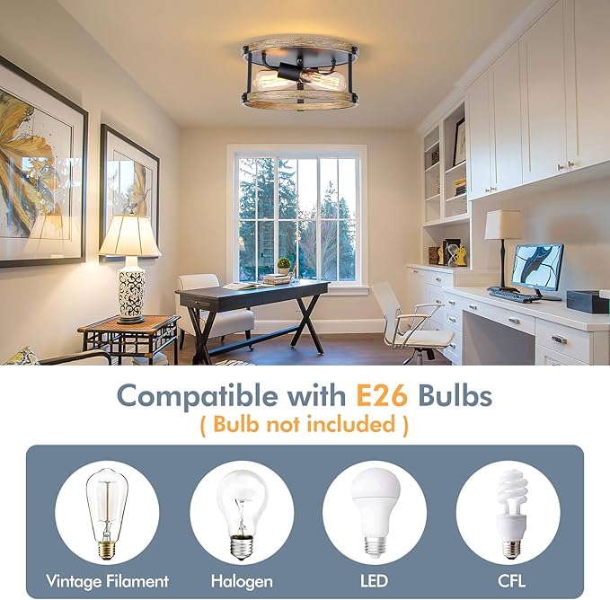 Farmhouse Flush Mount Ceiling Light Fixture, 12.5 Inch 2-Light Rustic Ceiling Mount Light Fixtures, Round Drum Brown Wood Finish Flush Mount Lights for Kitchen Bedroom Hallway Dining Room