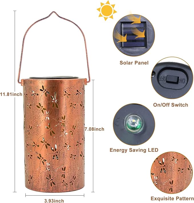 Dragonfly Solar Lanterns Outdoor Waterproof Hanging Lights, Dragonfly Garden Decor Gifts for Women Mom Grandma, Metal Decorative LED Solar Lanterns for Yard Patio Porch Balcony Garden Decor