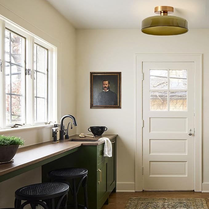 Dome Flush Mount Ceiling Light Mid Century Modern Semi Flush Mount Ceiling Light fixtures with Green Round Glass Shade Brushed Gold Brass Flush Mount Lights for Hallway Dining Room