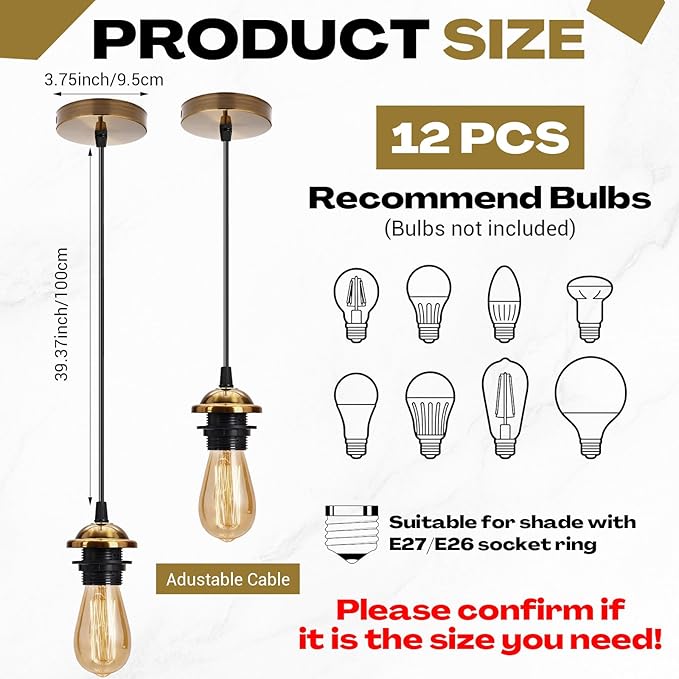 12 Pack Industrial Mini Pendant Light Kit Bulk, UL E26/E27 Lamp Socket 3.28 ft Adjustable Hanging Light Cord Kit Edison Vintage Retro Ceiling Lamp Fixture for Kitchen Bar Decor(Bronze)