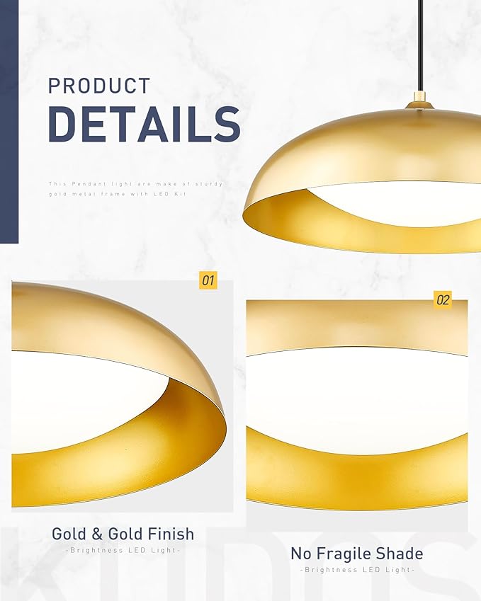 kudos LED Pendant Light Fixtures, Modern Gold Pendant Light, 15 Inch Large Kitchen Pendant Light for Kitchen Island, Dining Room, Living Room, Bedroom, 5CCT Adjustable, KDPL02-GD