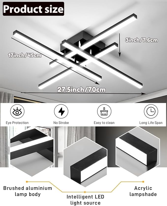 Modern LED Ceiling Light Fixture, 27.5Inch Flush Mount Ceiling Light for Bedroom ‎Kitchen Living Room Bathroom Garage Farmhouse Dining Hallway Black 6500k Cold Light