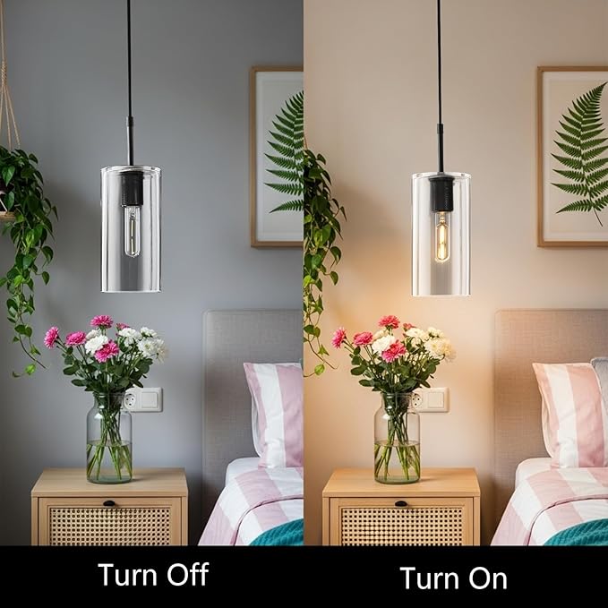 Modern Pendant Light Kitchen Island Set of 2, Adjustable Black Clear Glass Pendant Light Fixtures, Pendant Lighting Over Island, Indoor Chandelier for Bedroom Bathroom, Included Bulb