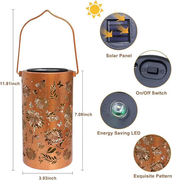 Colorful Sunflower Solar Lanterns Outdoor Waterproof, Sunflower Gifts for Women Mom Grandma, Metal Solar Hanging Decorative Lanterns for Yard Patio Porch Balcony Garden Decor