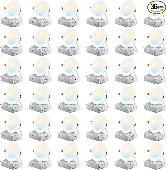 Amico 36 Pack 4 Inch 5CCT Ultra-Thin LED Recessed Ceiling Light with Metal Junction Box, 2700K/-5000K Selectable, 10W Eqv 60W, 800 LM, Dimmable High Brightness Downlight - ETL&FCC