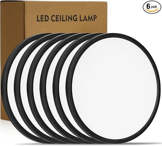 14.9 Inch 6PK LED Flush Mount Ceiling Light, ETL ,32W, 3343LM, 3000K/3500K/4000K/5000K/6500K CCT Selectable, 0.66in Ultra Thin Round Flat Panel Ceiling Light Fixture for Bedroom, Kitchen (Black)