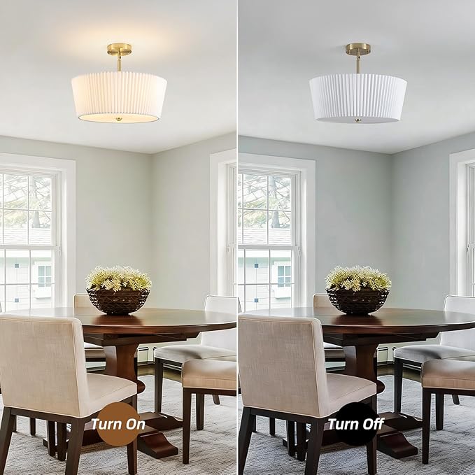 Gold Semi Flush Mount Ceiling Light, 3-Lights Modern Cone Drum Light Fixture with White Pleated Fabric Shade 17.71” Close to Ceiling Lights Fixture for Nursery Hallway Bedroom Living Room