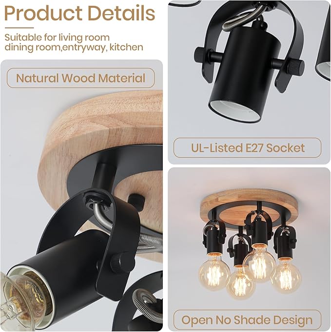 SEEBLEN 4-Light Round Flush Mount Ceiling Light，Adjustable Farmhouse Kitchen Track Light with Wood Base, Multi-Directional Dining Room Light for Island Hallway Entryway Bedroom.
