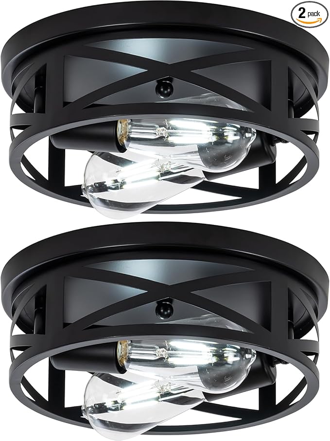 Hallway Ceiling lamp, 11 inch Farmhouse Metal cage Style,Suitable for Corridors, Entrances, Balconies, Kitchens,etc,Adjustable lamp Holders, 2 pcs, 6000K Cold White lamp (Black)