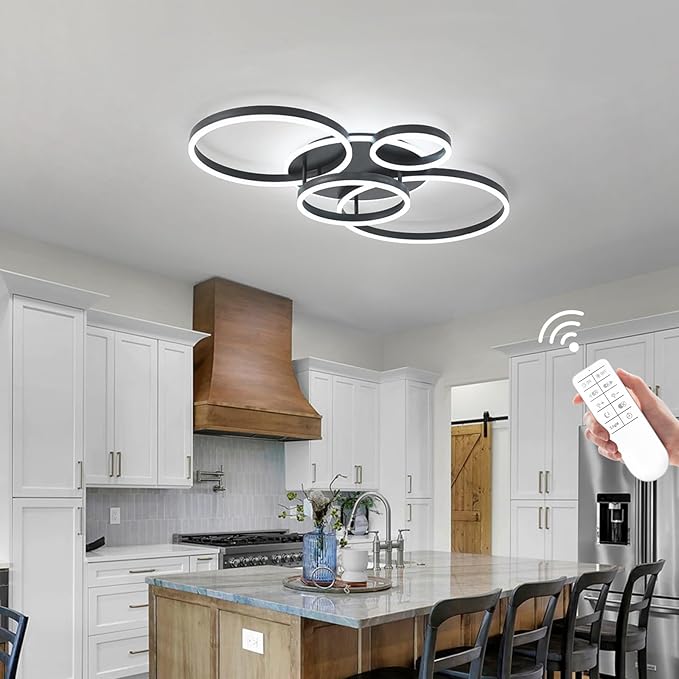 O'NEELDY Flush Mount Modern Ceiling Light Black Led Modern Light Fixtures Ceiling Mount Lights 4 Rings Led Chandelier Lamp Fixture with Remote for Living Room Kitchen Dining Room Bedroom