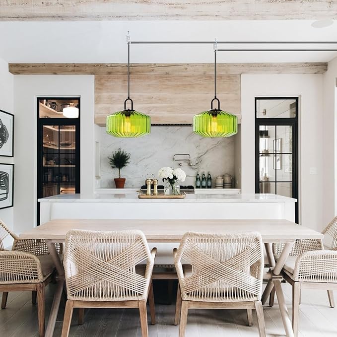 Plug in Pendant Light Green Glass Pendant Lamp Plug in Pendant Light Fixtures Mid Century Modern Hanging Lamp with Cord On/Off Switch Striped Glass Swag Light Dining Room Ceiling Lamp