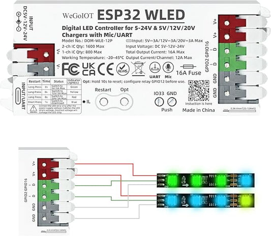 ESP32 WLED Controller with 16A Fuse for 5V-24V LED Strip Dynamic RGB IC DIY Port WiFi App Control Easy Wiring FCOB Addressable Strip Light (DOM-WLE-12P with Mic/UART)