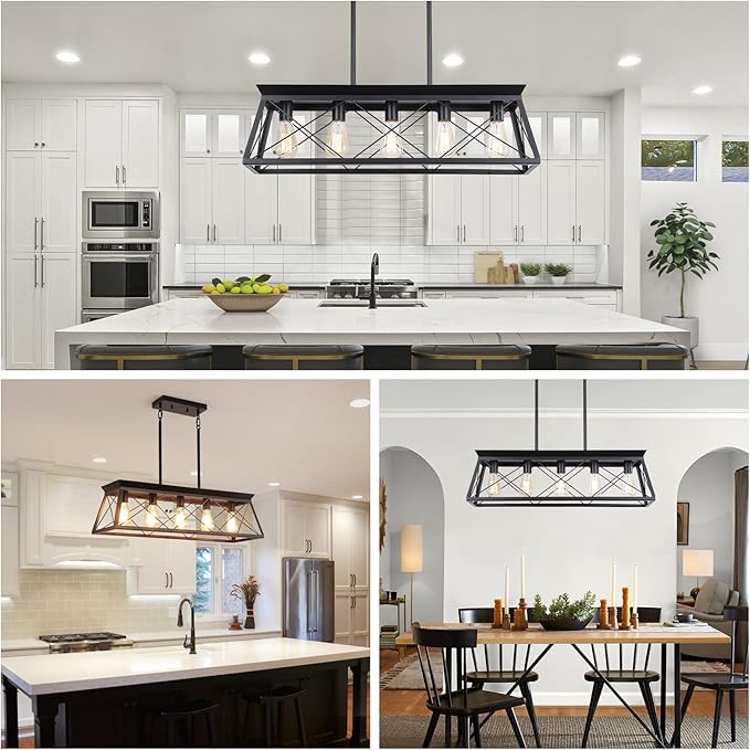 Farmhouse Chandeliers for Dining Room, Rustic Kitchen Island Light Fixture, 5-Light Linear Pendant Lighting Rectangular Chandelier, Metal Solid Ceiling Lights Black
