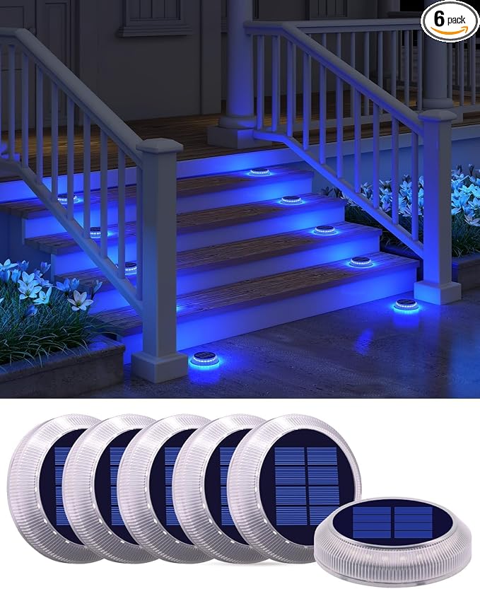 DetarZinLED 6 Packs Solar Driveway Lights, Blue Dock Deck Lights Solar Powered Outdoor IP68 Waterproof, Stick on Light for Step, Stair, Driveway, Pool, Pathway, Walkway, Patio