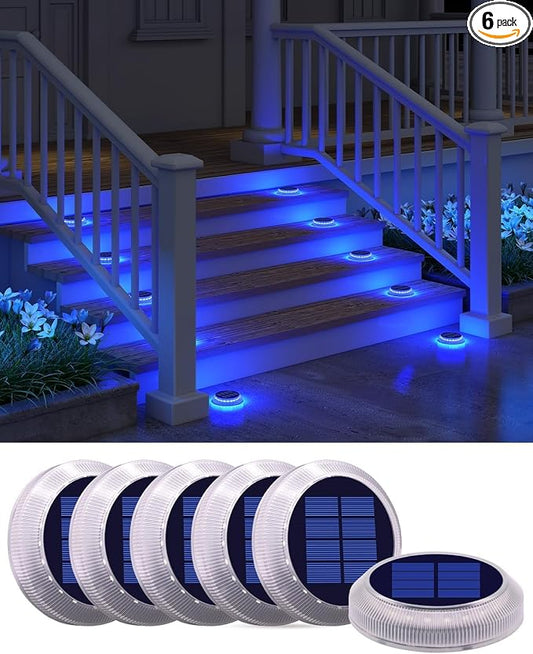 DetarZinLED 6 Packs Solar Driveway Lights, Blue Dock Deck Lights Solar Powered Outdoor IP68 Waterproof, Stick on Light for Step, Stair, Driveway, Pool, Pathway, Walkway, Patio