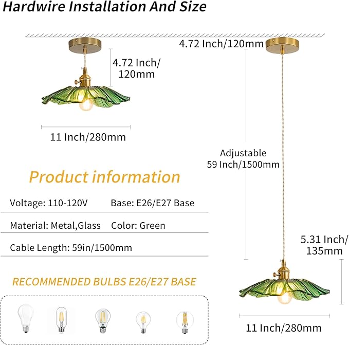 Vintage Pendant Lights Kitchen Island Fixture Glass Hanging Light Green Flower Light 2pack Modern Chandelier Island Lights for Bedroom Kitchen Hallway Bathroom Dinging Room Green Sunflower