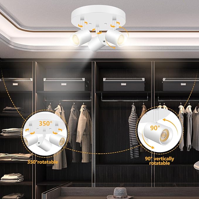 VANoopee 5 Color 3 Light LED Ceiling Spot Light Indoor Flush Mount Directional Adjustable Spotlight Fixtures Close to Ceiling for Kitchen Hallway Modern LED Track Lighting Kit Dimmable 30W Matte White