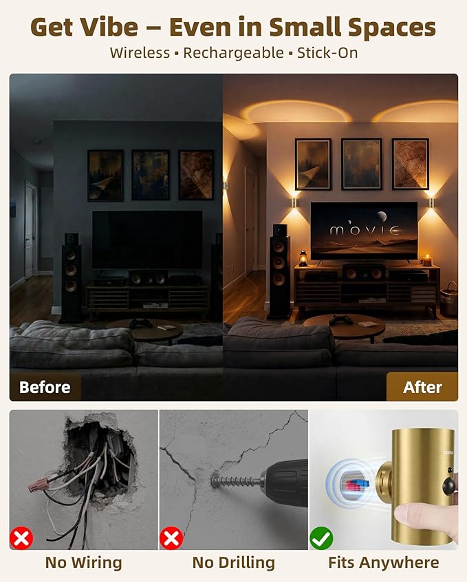 EZVALO Motion Sensor Wall Sconces with Remote, Rechargeable Battery Operated 4000mAh Wall Lights, 3 Color Temperatures & 12 RGB, Wireless LED Lighting for Hallway, Living Room (Brass Gold, 2 Pack)