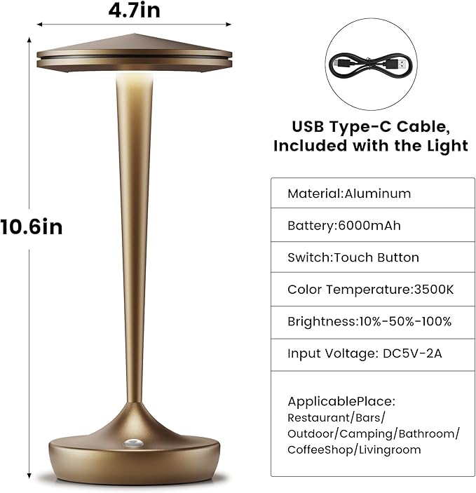 YHT 72Hrs Cordless Table Lamps Rechargeable,6000mAh Battery Operated Portable Touch Table Lamp,3 Colors & Stepless Dimmable Touch,Waterproof for Outdoor Patio, Restaurant Dining& Home (2 Bronze)